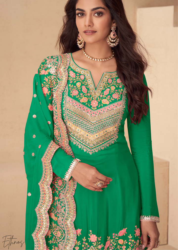 Vibrant Green Embroidered Chinon Palazzo Suit