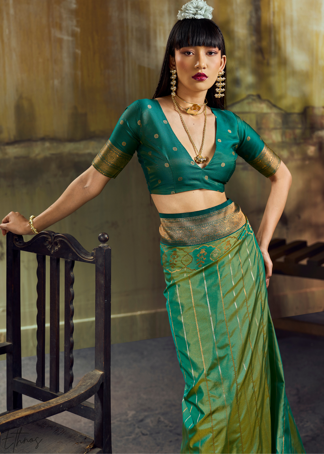 Vibrant Malachite Teal Pochampally Ikkat Silk Saree