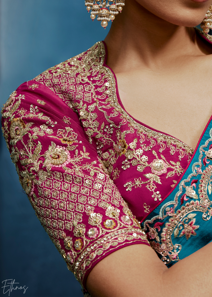Vibrant Teal Tambour Embroidered Border Tissue Saree