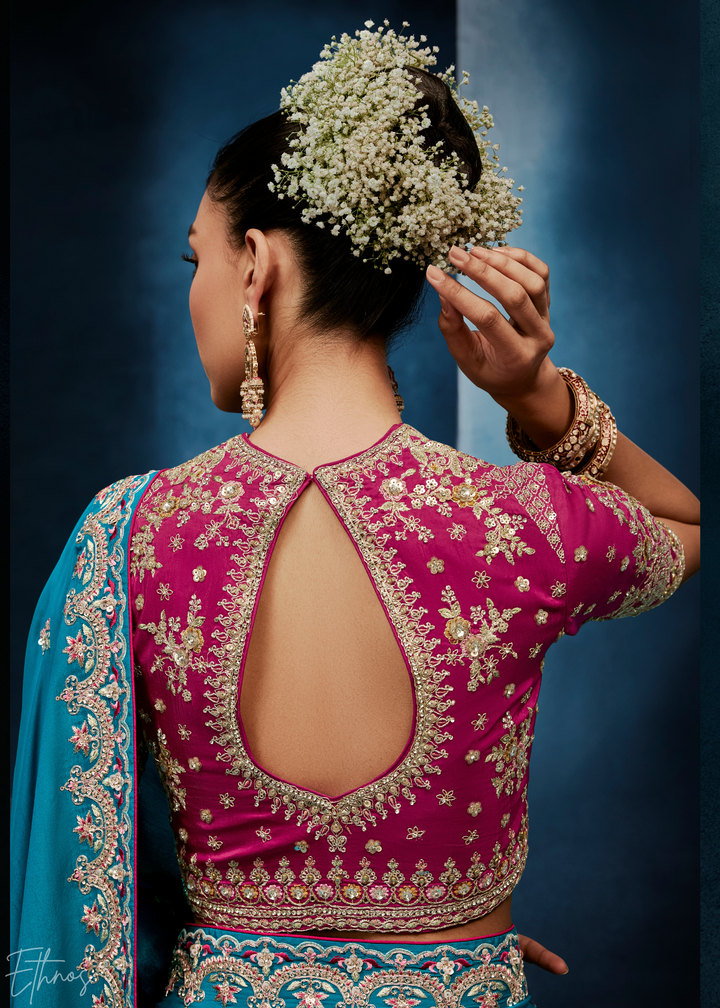 Vibrant Teal Tambour Embroidered Border Tissue Saree
