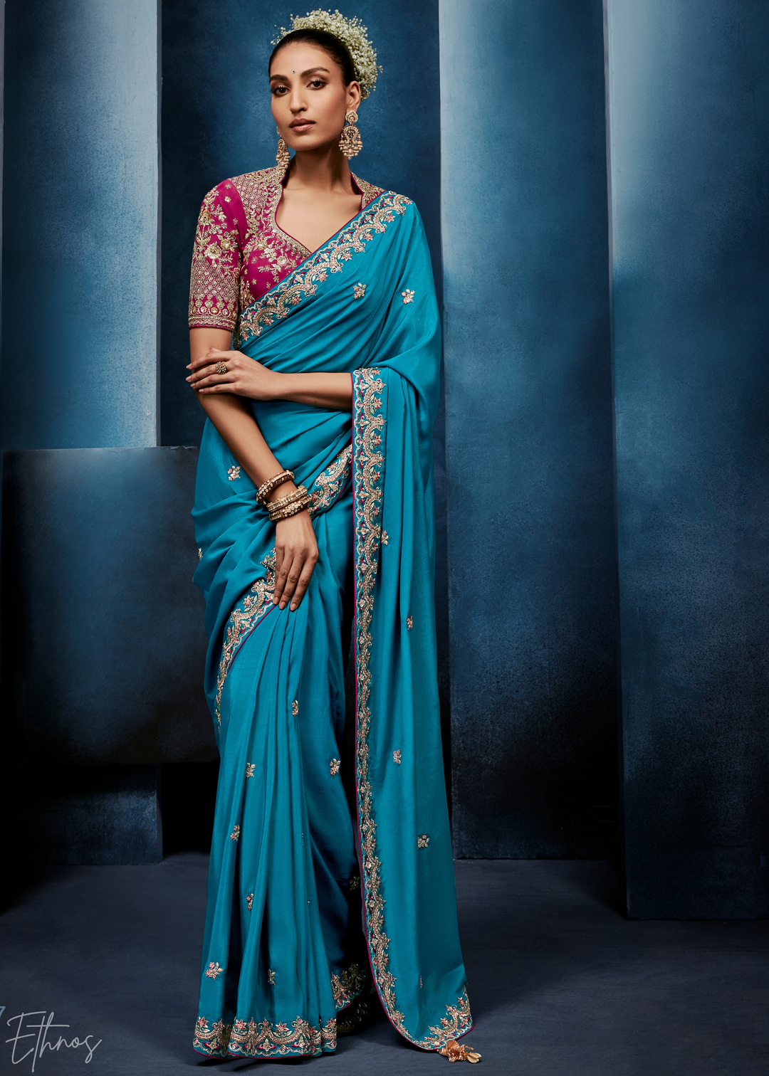Vibrant Teal Tambour Embroidered Border Tissue Saree