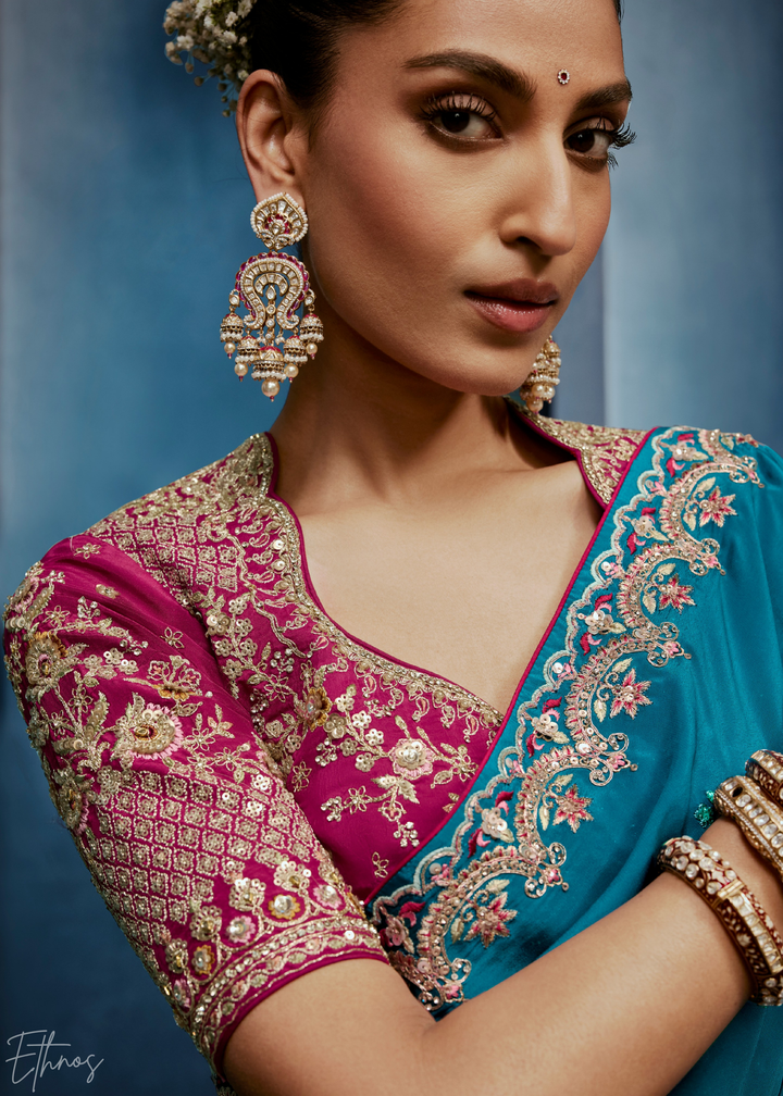 Vibrant Teal Tambour Embroidered Border Tissue Saree