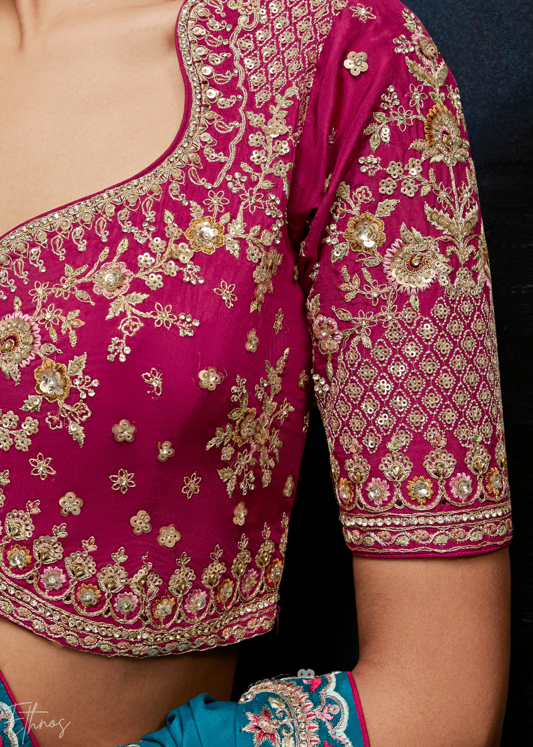 Vibrant Teal Tambour Embroidered Border Tissue Saree