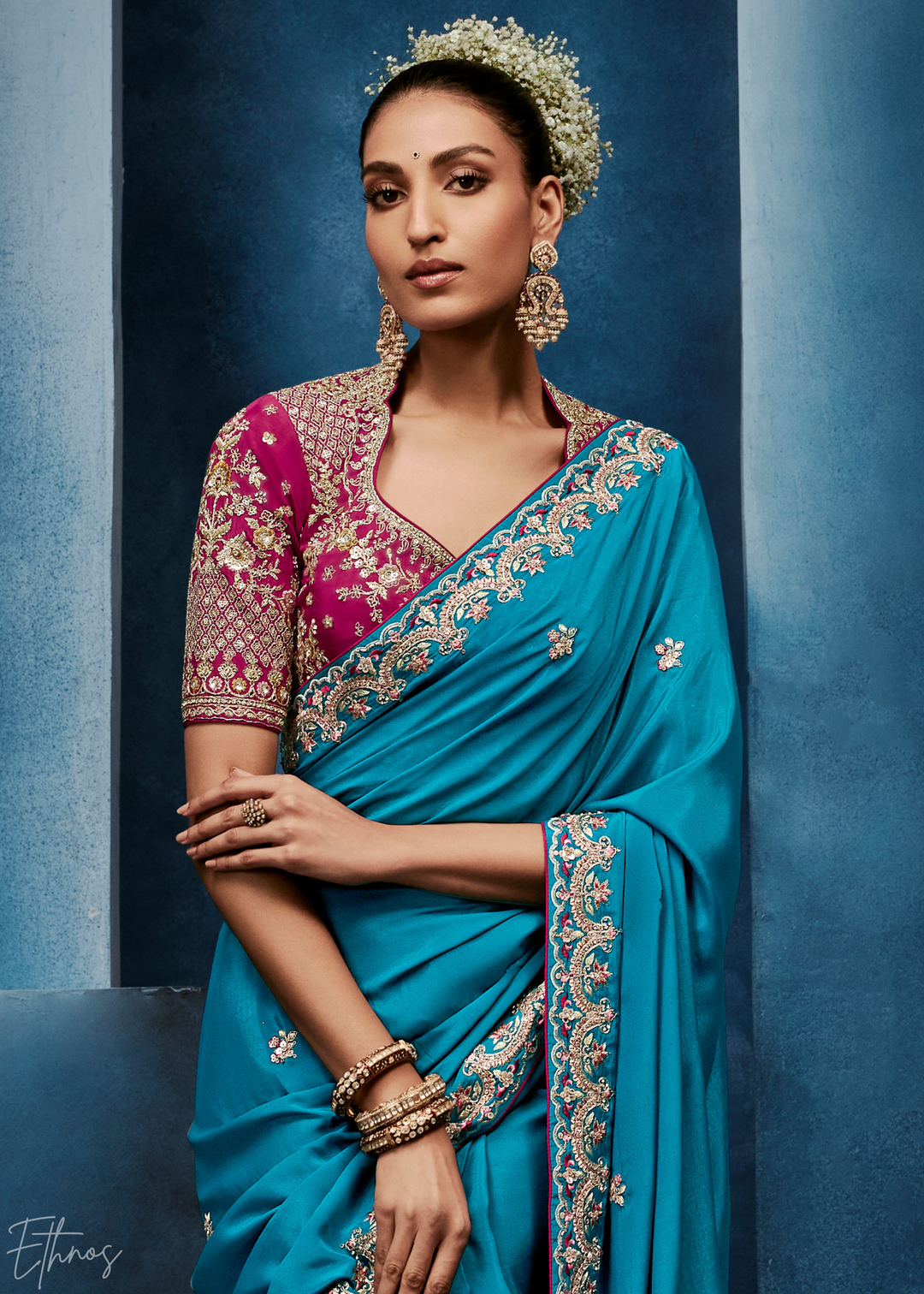 Vibrant Teal Tambour Embroidered Border Tissue Saree