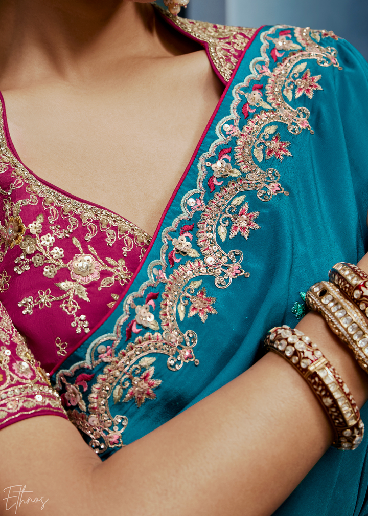 Vibrant Teal Tambour Embroidered Border Tissue Saree