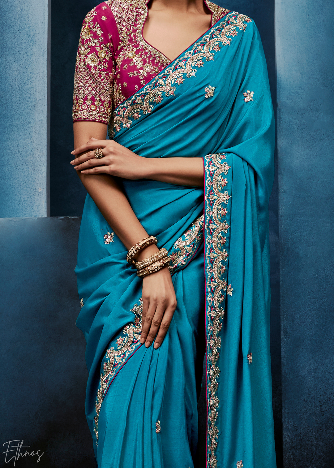 Vibrant Teal Tambour Embroidered Border Tissue Saree