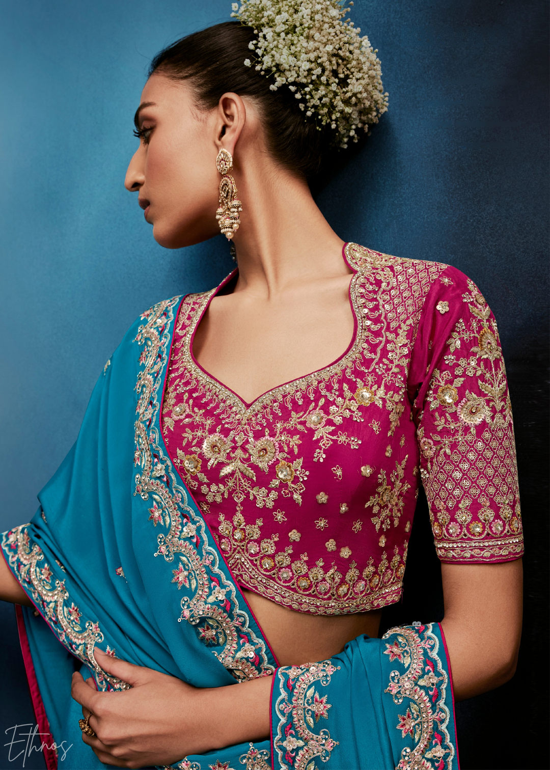 Vibrant Teal Tambour Embroidered Border Tissue Saree