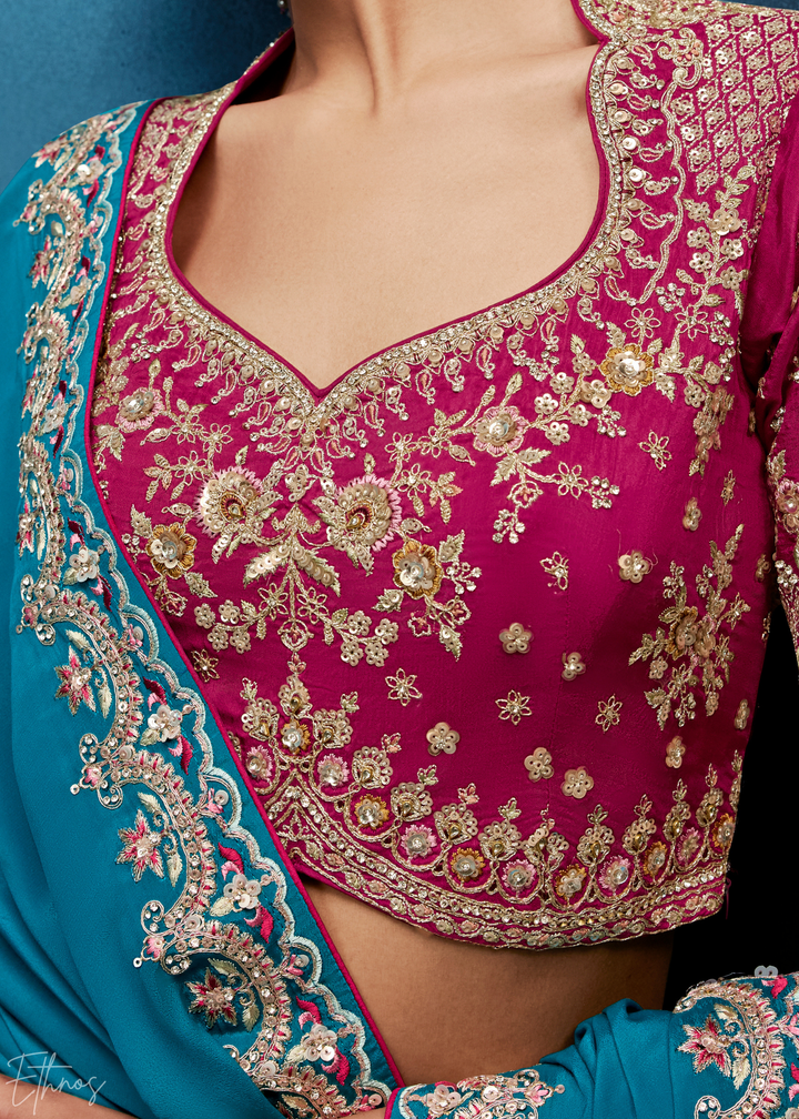 Vibrant Teal Tambour Embroidered Border Tissue Saree