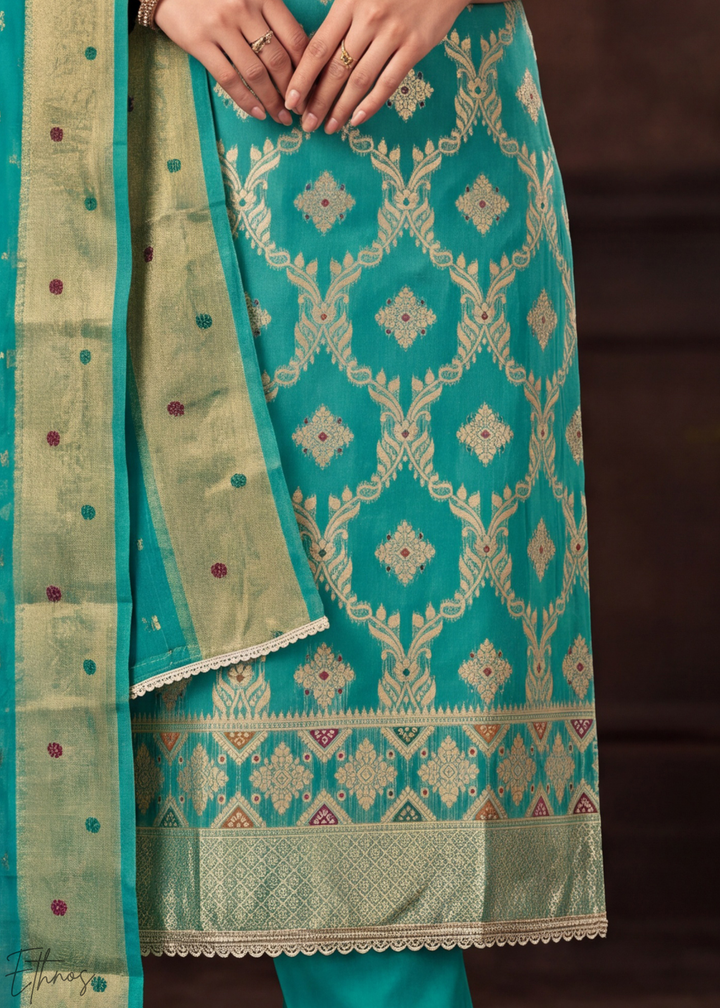 Vibrant Turquoise Geometric Tile Banarasi Cotton Pant Suit