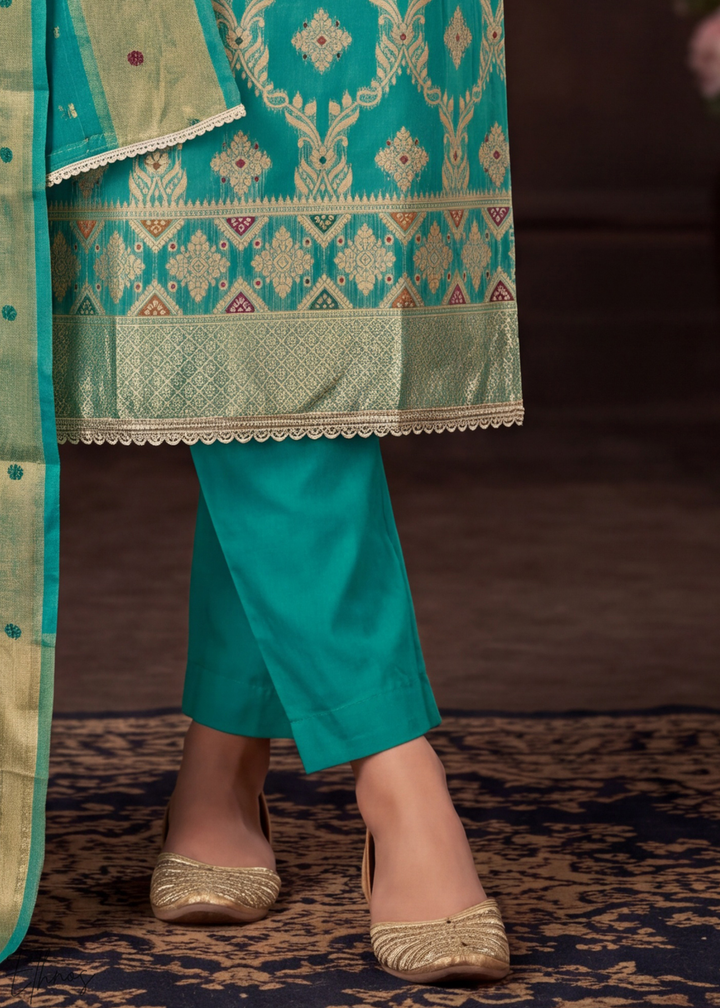 Vibrant Turquoise Geometric Tile Banarasi Cotton Pant Suit