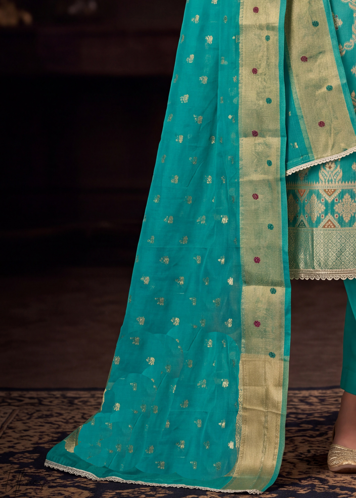 Vibrant Turquoise Geometric Tile Banarasi Cotton Pant Suit