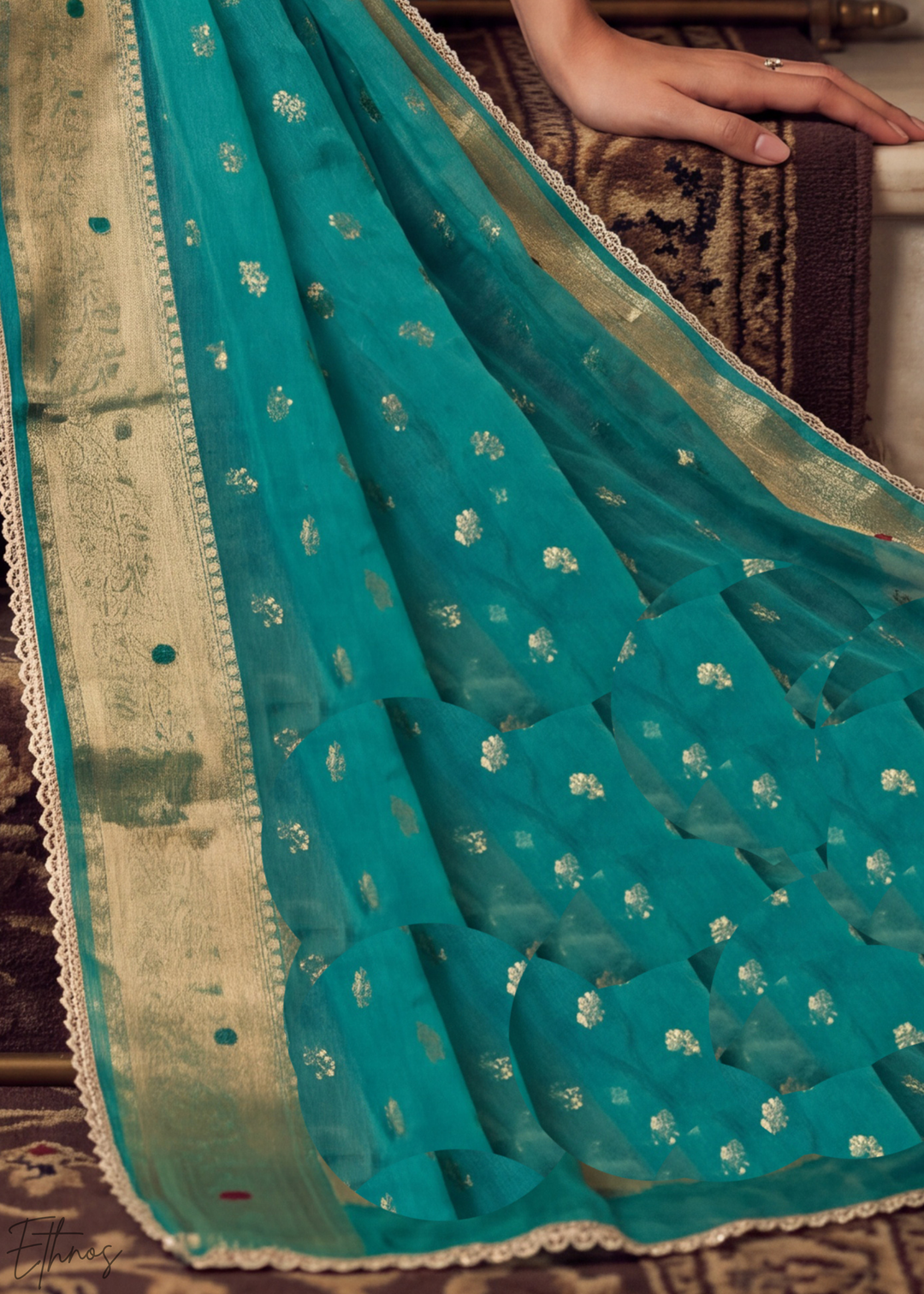 Vibrant Turquoise Geometric Tile Banarasi Cotton Pant Suit