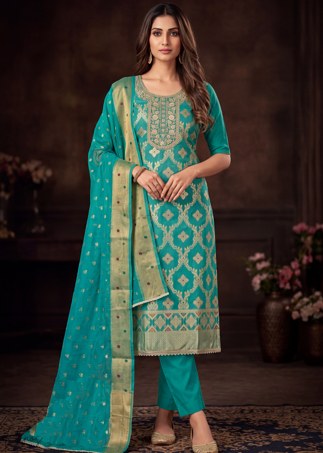 Vibrant Turquoise Geometric Tile Banarasi Cotton Pant Suit