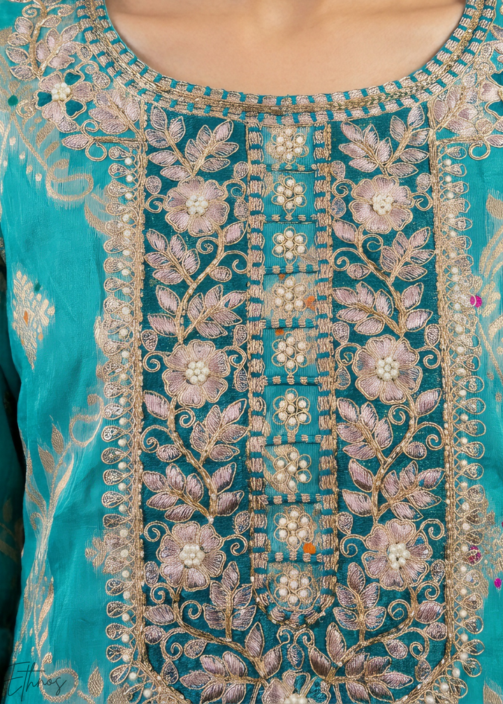 Vibrant Turquoise Geometric Tile Banarasi Cotton Pant Suit
