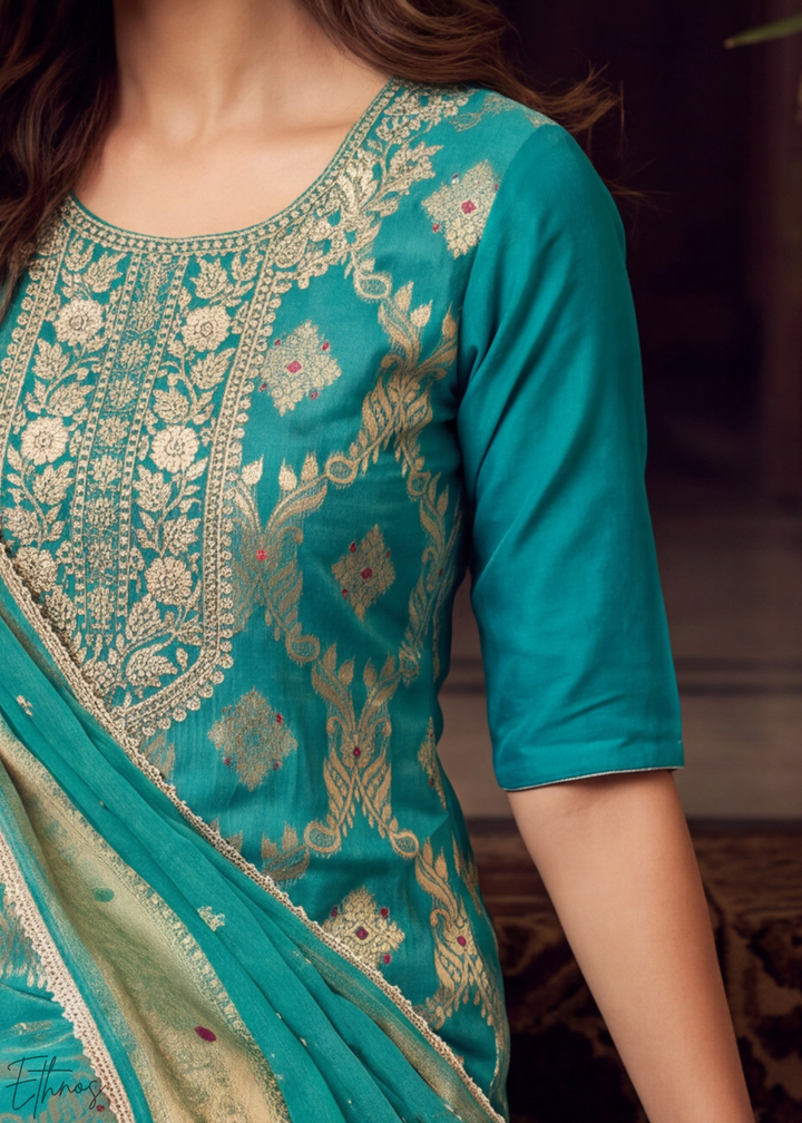 Vibrant Turquoise Geometric Tile Banarasi Cotton Pant Suit