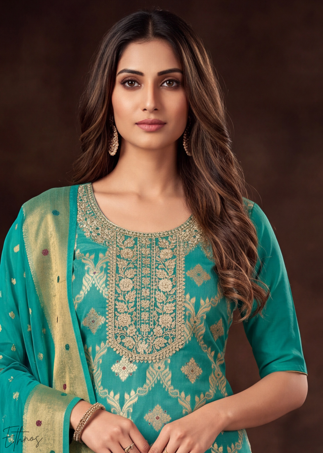 Vibrant Turquoise Geometric Tile Banarasi Cotton Pant Suit