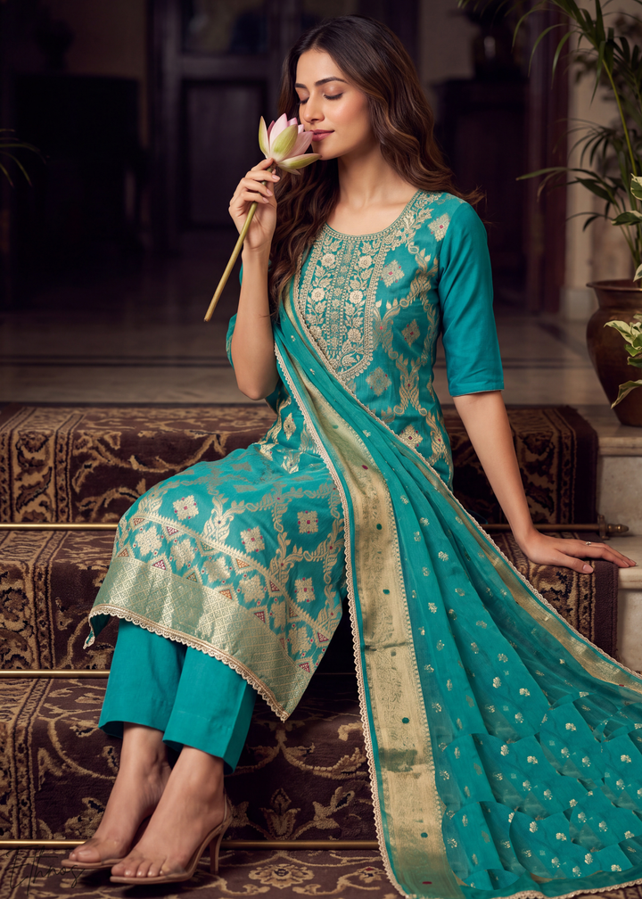 Vibrant Turquoise Geometric Tile Banarasi Cotton Pant Suit