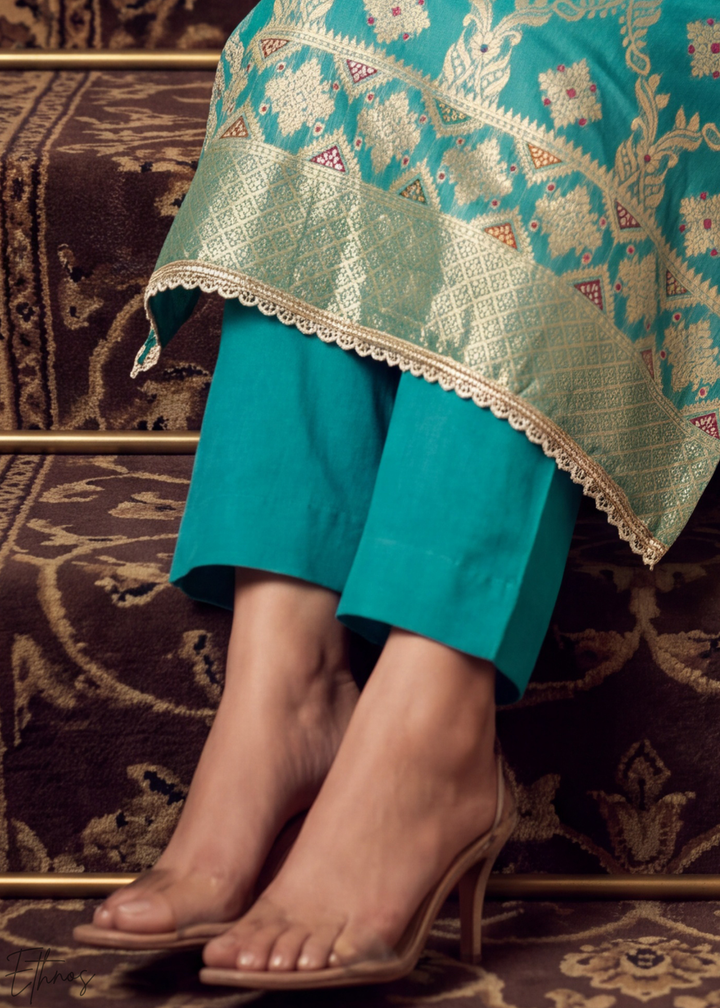 Vibrant Turquoise Geometric Tile Banarasi Cotton Pant Suit