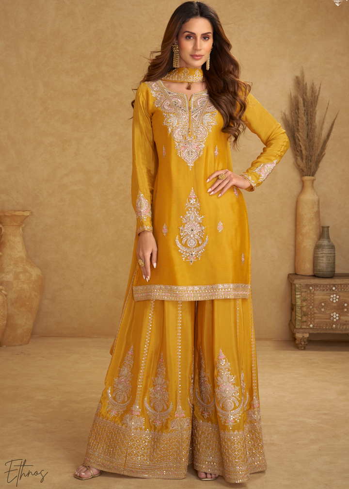 Vibrant Yellow Embroidered Chinon Palazzo Suit