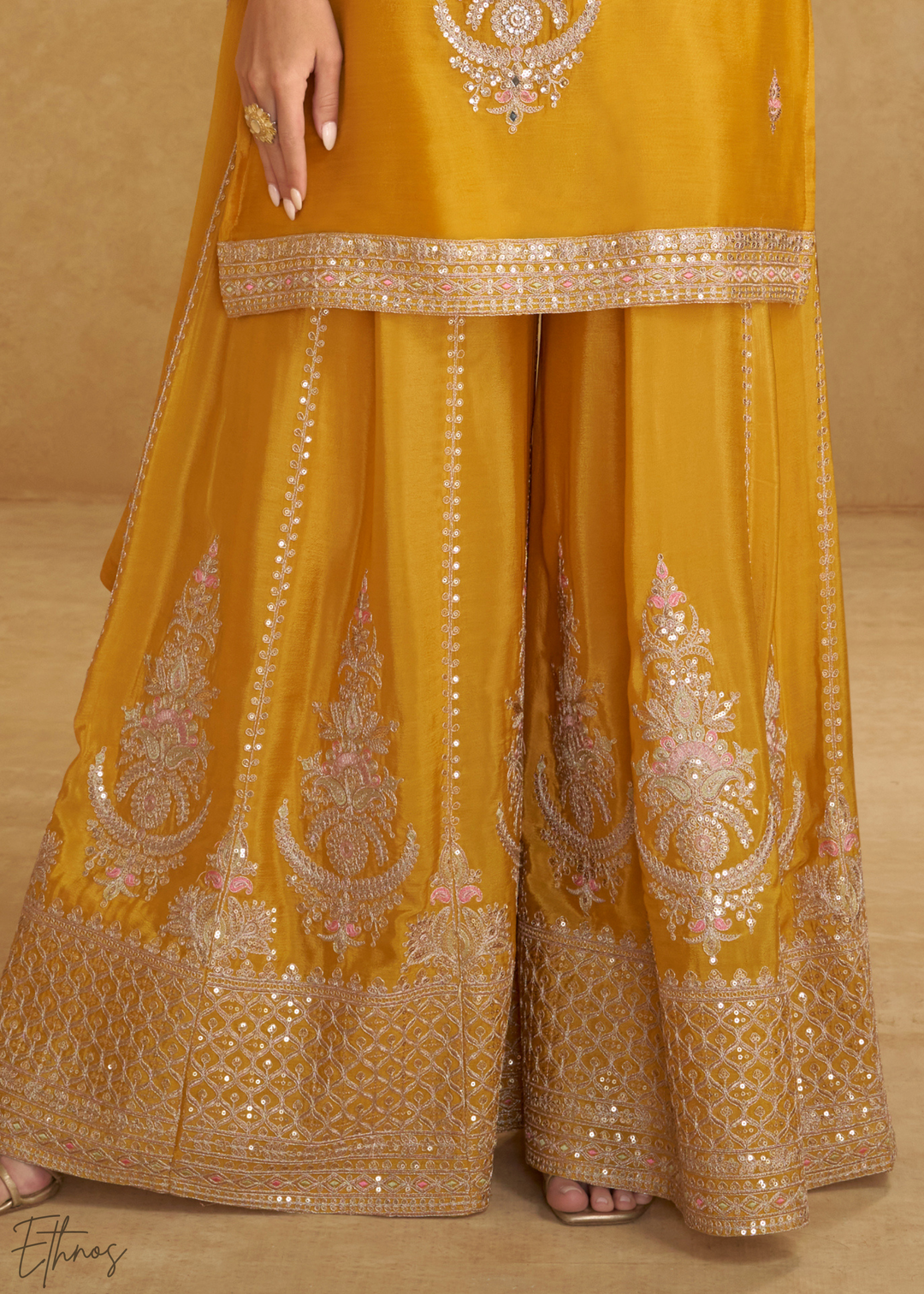 Vibrant Yellow Embroidered Chinon Palazzo Suit
