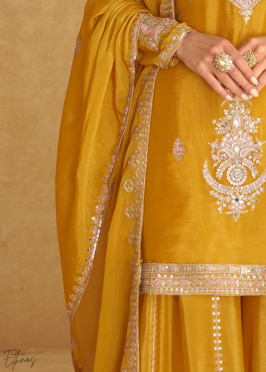 Vibrant Yellow Embroidered Chinon Palazzo Suit
