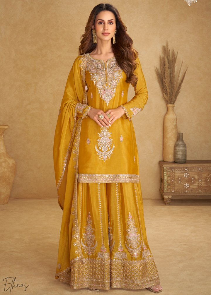 Vibrant Yellow Embroidered Chinon Palazzo Suit