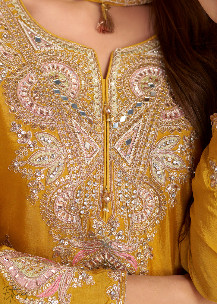 Vibrant Yellow Embroidered Chinon Palazzo Suit