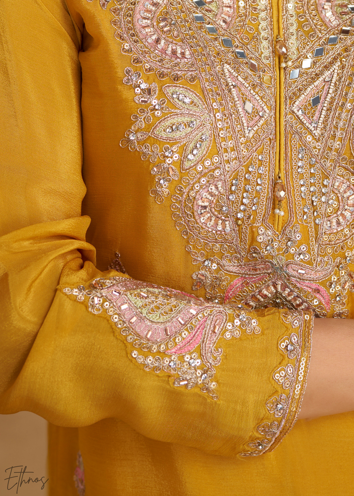 Vibrant Yellow Embroidered Chinon Palazzo Suit