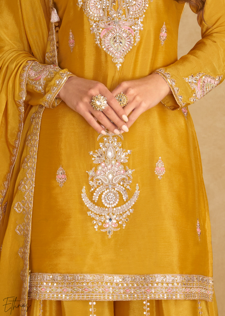 Vibrant Yellow Embroidered Chinon Palazzo Suit