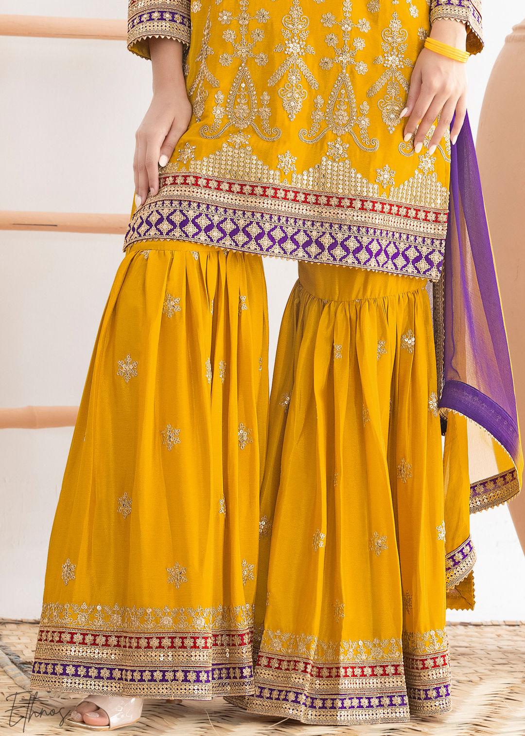 Vibrant Yellow Multi-Color Embroidered Chinon Sharara Suit