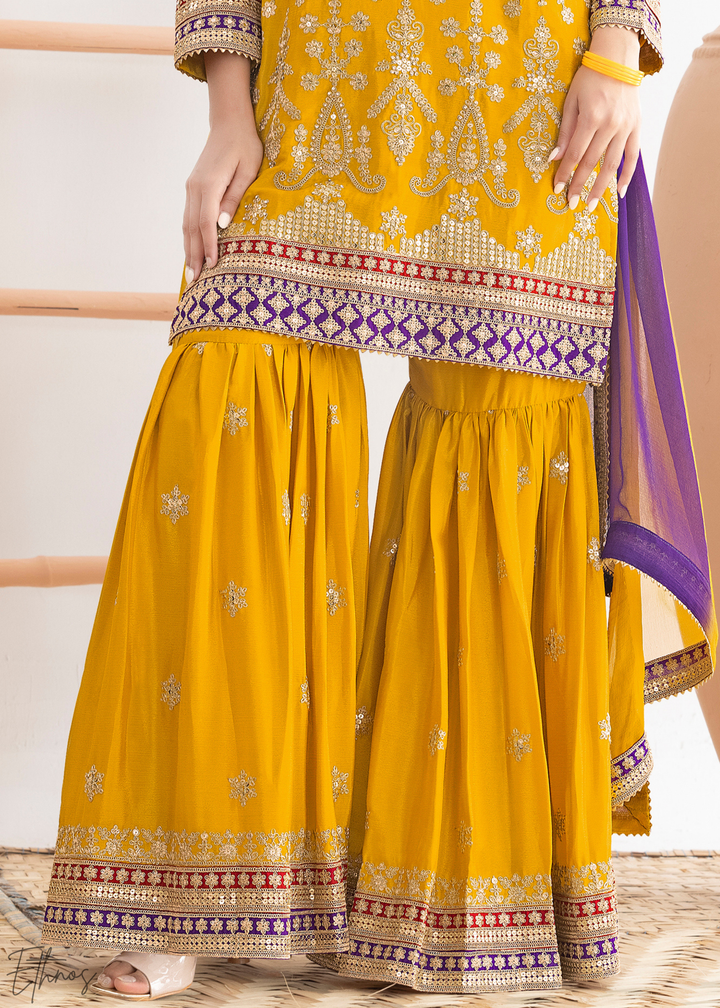 Vibrant Yellow Multi-Color Embroidered Chinon Sharara Suit
