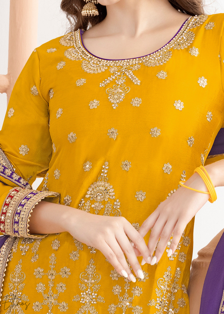 Vibrant Yellow Multi-Color Embroidered Chinon Sharara Suit