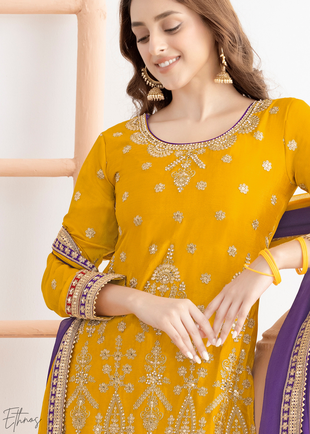 Vibrant Yellow Multi-Color Embroidered Chinon Sharara Suit