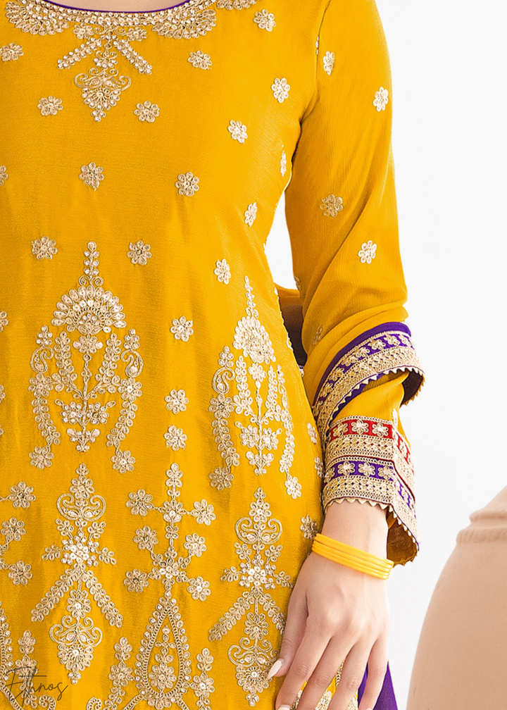 Vibrant Yellow Multi-Color Embroidered Chinon Sharara Suit
