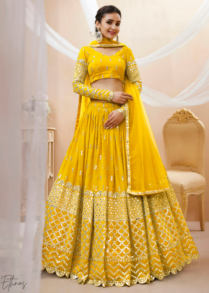 Vibrant Yellow Sequins Georgette Lehenga