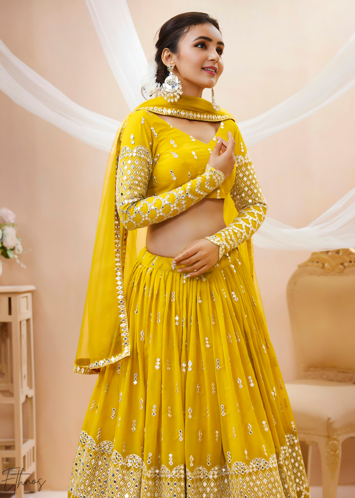 Vibrant Yellow Sequins Georgette Lehenga