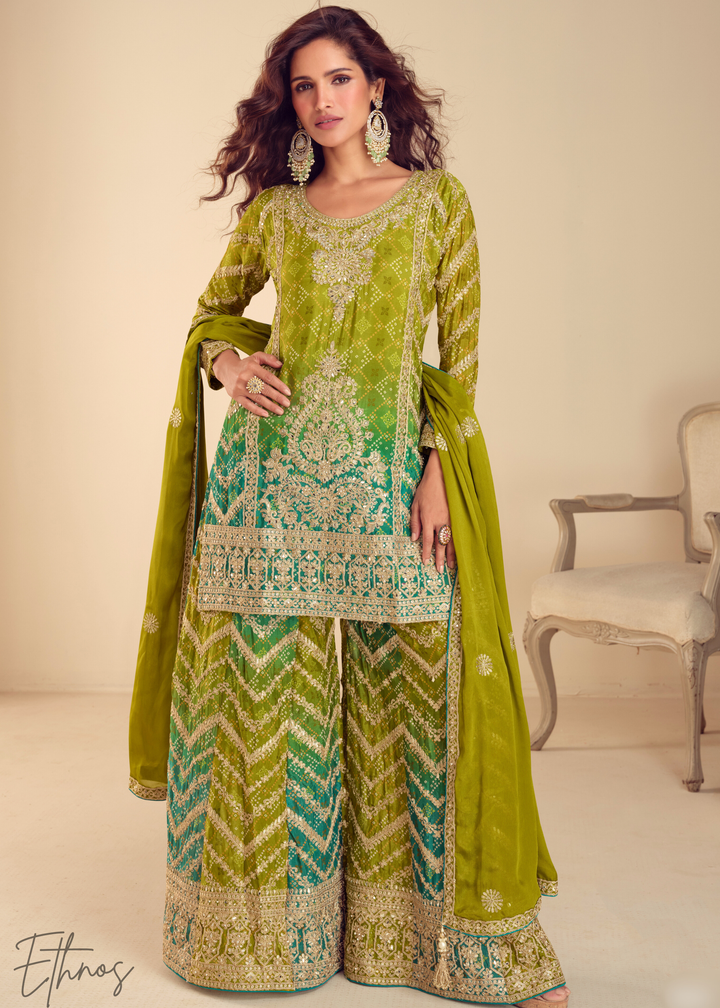 Vibrant Green Chinon Palazzo Salwar Suit