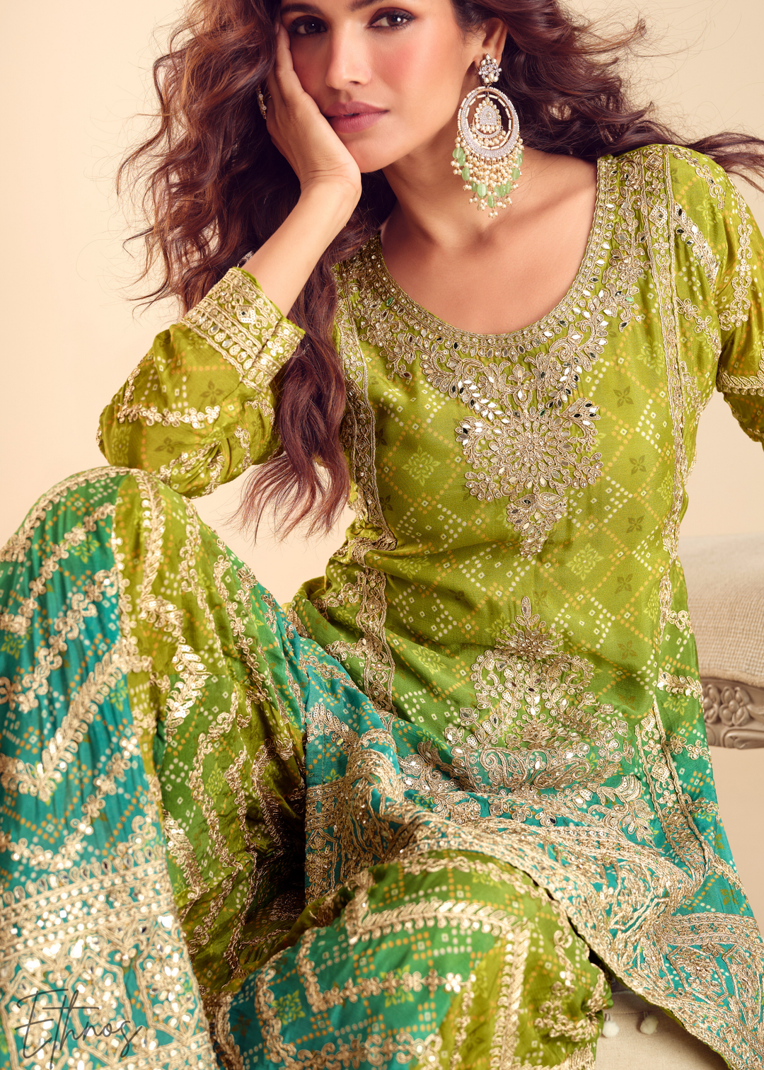 Vibrant Green Chinon Palazzo Salwar Suit