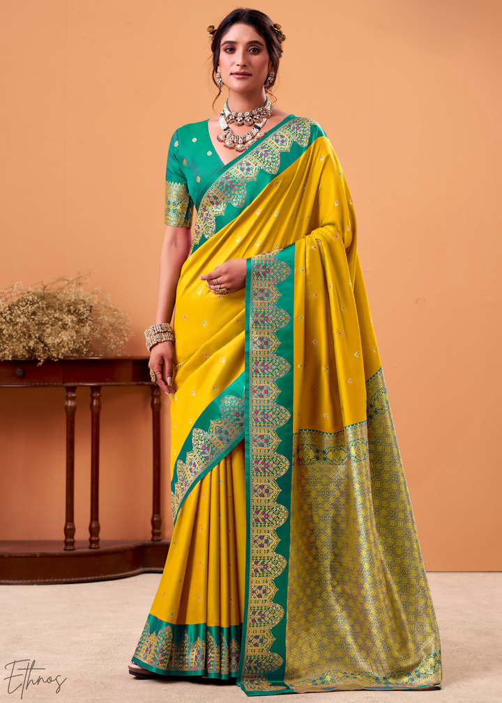 Vibrant Yellow Satin Silk Saree