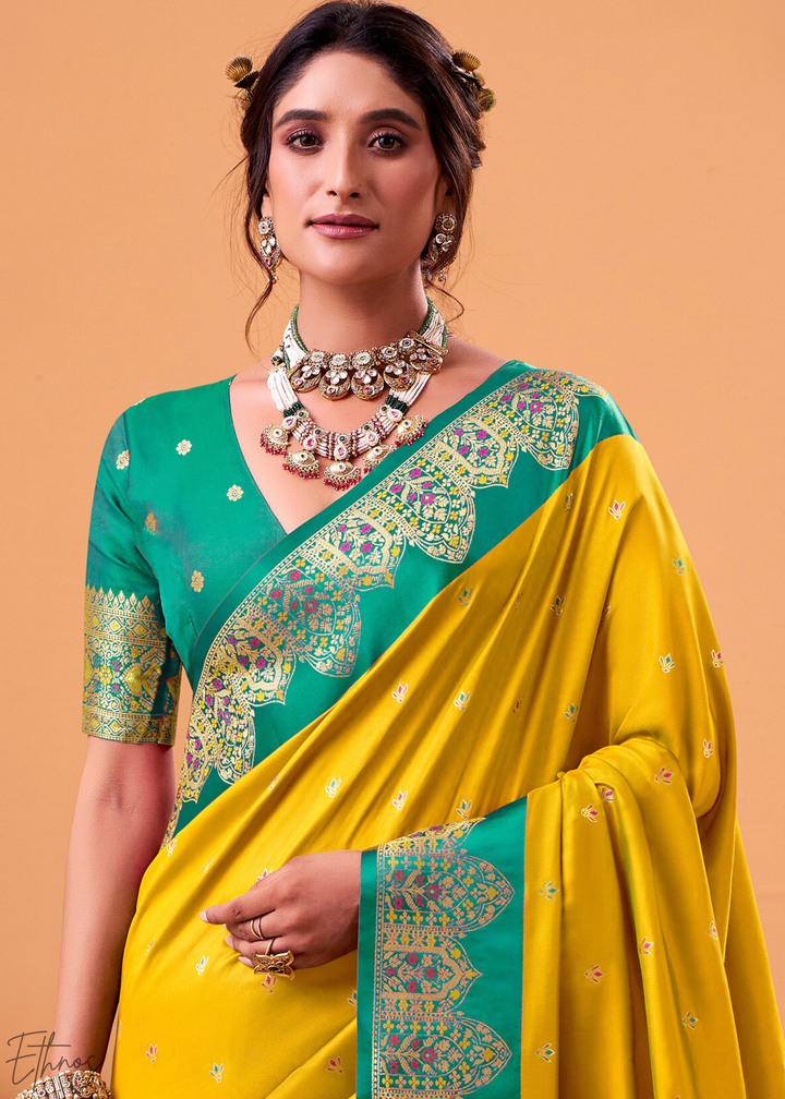 Vibrant Yellow Satin Silk Saree
