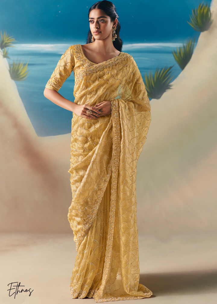Vibrant Yellow Sequins Organza Saree