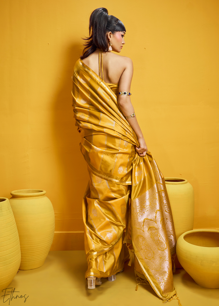 Vintage Golden Gold-Infused Jacquard Satin Silk Saree