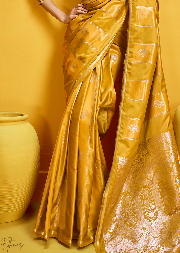 Vintage Golden Gold-Infused Jacquard Satin Silk Saree