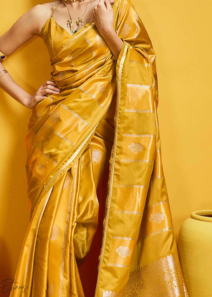 Vintage Golden Gold-Infused Jacquard Satin Silk Saree