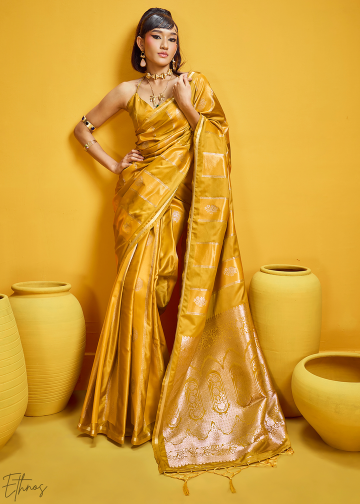 Vintage Golden Gold-Infused Jacquard Satin Silk Saree