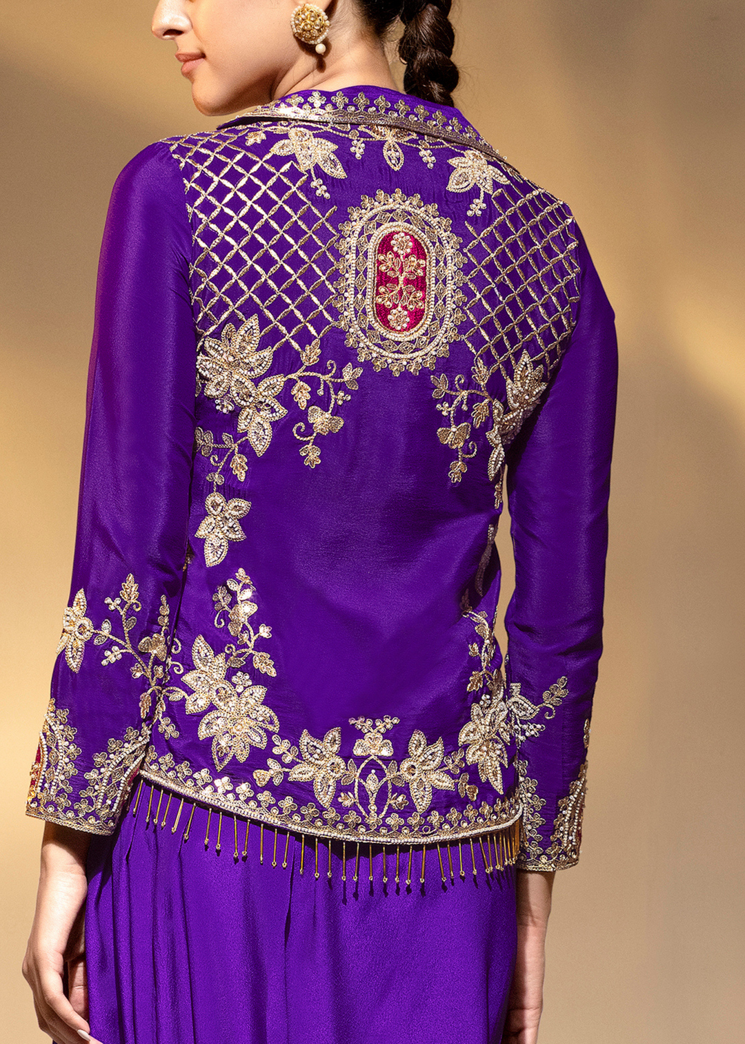 Violet Embroidered Crepe Jacket Dhoti Suit