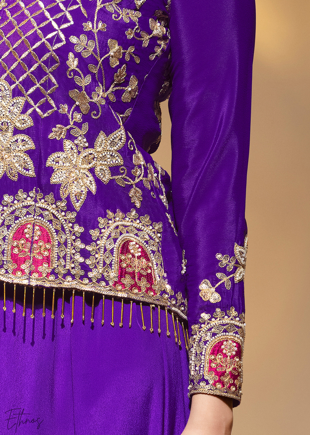 Violet Embroidered Crepe Jacket Dhoti Suit