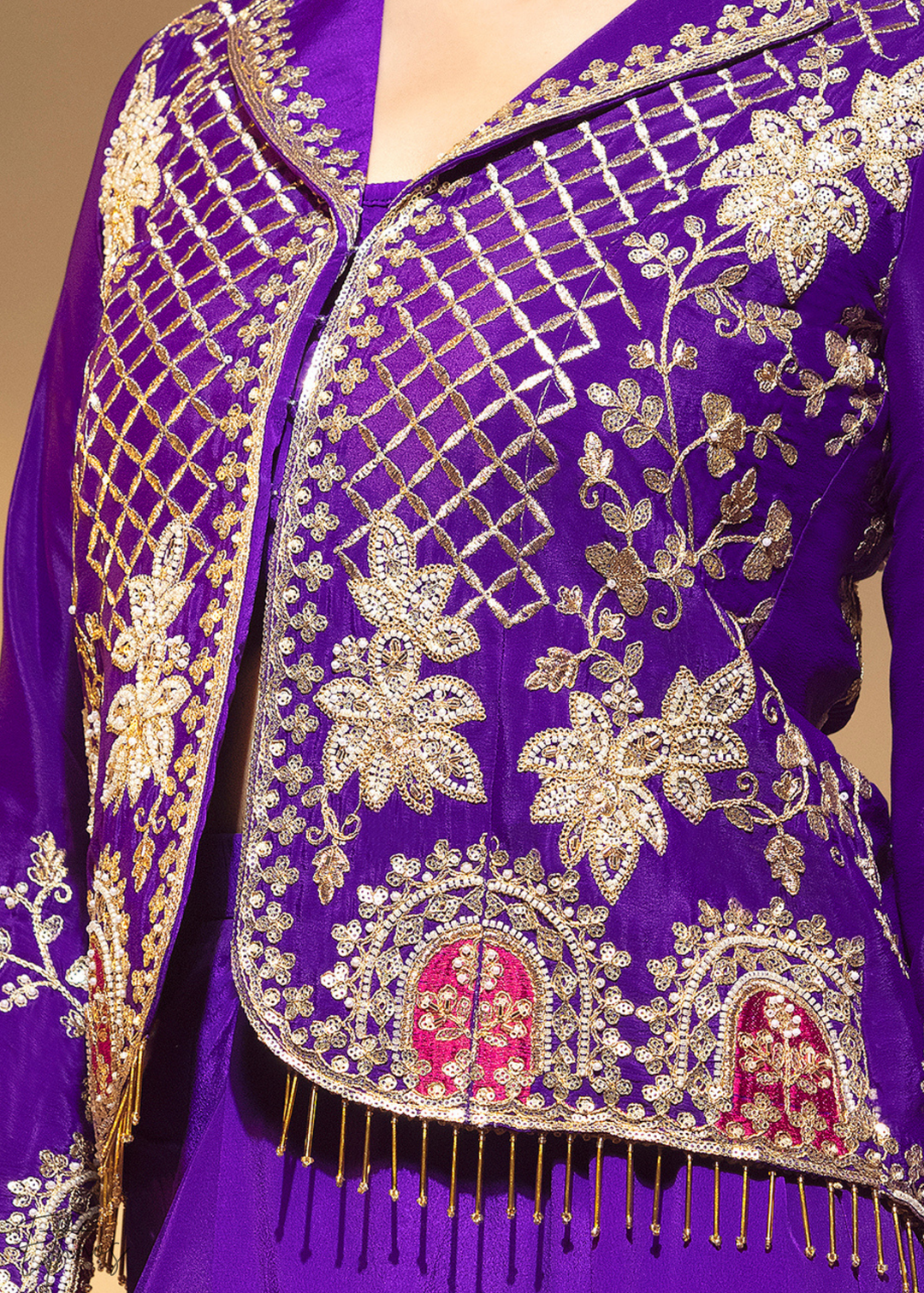 Violet Embroidered Crepe Jacket Dhoti Suit