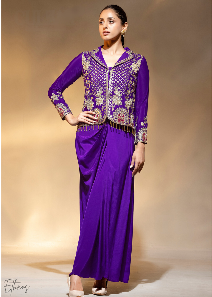 Violet Embroidered Crepe Jacket Dhoti Suit