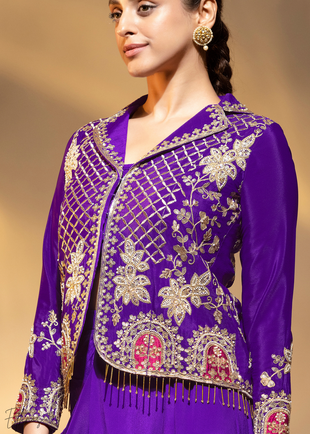 Violet Embroidered Crepe Jacket Dhoti Suit